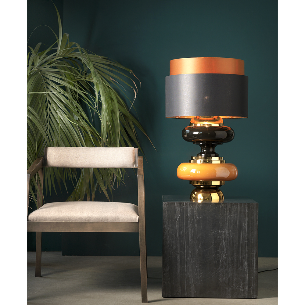 Lamp composed in amber and black majolica golden brass with double lampshade 
